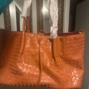 Orange Woven Leather Tote Bag. Inspired B V